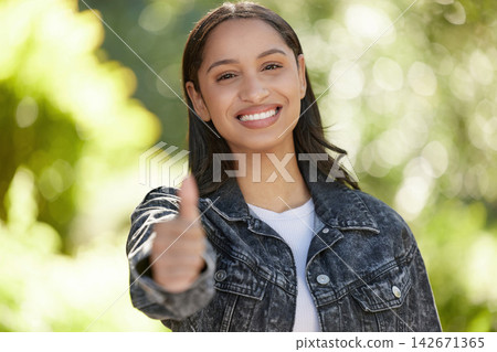 Portrait, woman and happy in outdoor, thumbs up and opportunity at university, campus or college as student. Female person, candidate and vote for leadership in school as representative in election Portrait, woman and happy in outdoor, thumbs up and opportunity at university, campus or college as student. Female person, candidate and vote for leadership in school as representative in election 142671365