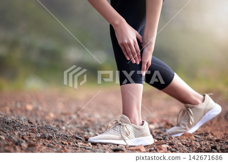 Hands, leg pain and injury outdoor from workout, accident or training for health in nature. Calf, muscle strain and person with arthritis, fibromyalgia or medical osteoporosis after fitness exercise Hands, leg pain and injury outdoor from workout, accident or training for health in nature. Calf, muscle strain and person with arthritis, fibromyalgia or medical osteoporosis after fitness exercise 142671686