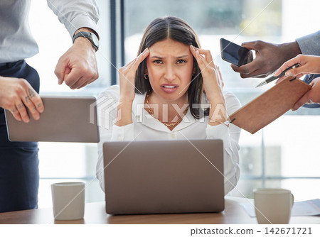 Multitasking, stress and woman overwhelmed in office with business, burnout or portrait of audit accountant. Frustrated, employee and anxiety for time management chaos, challenge or deadline schedule Multitasking, stress and woman overwhelmed in office with business, burnout or portrait of audit accountant. Frustrated, employee and anxiety for time management chaos, challenge or deadline schedule 142671721