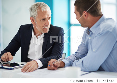 Documents, discussion and business people in office on tablet for meeting, b2b contract and consulting. Corporate lawyer, professional and men with paperwork for planning, teamwork and collaboration Documents, discussion and business people in office on tablet for meeting, b2b contract and consulting. Corporate lawyer, professional and men with paperwork for planning, teamwork and collaboration 142671738