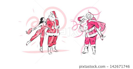 Santa Claus and Woman Christmas Vector Set, Romantic Holiday Couple with Gift, Christmas Love, Shopping, Sale and Festive Celebration Illustration Santa Claus and Woman Christmas Vector Set, Romantic Holiday Couple with Gift, Christmas Love, Shopping, Sale and Festive Celebration Illustration 142671746
