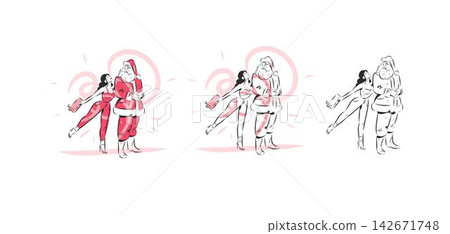 Santa Claus and Woman Christmas Vector Set, Romantic Holiday Couple with Gift, Color and Black Line Art, Christmas Shopping, Sale and Festive Illustration Santa Claus and Woman Christmas Vector Set, Romantic Holiday Couple with Gift, Color and Black Line Art, Christmas Shopping, Sale and Festive Illustration 142671748