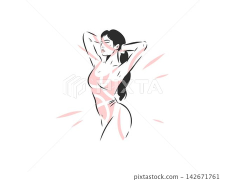 Relaxed Sensual Woman with Hands Behind Head, Female Body and Self Love, Body Positivity, Inner Peace, Emotional Wellbeing and Mental Health Vector Illustration Relaxed Sensual Woman with Hands Behind Head, Female Body and Self Love, Body Positivity, Inner Peace, Emotional Wellbeing and Mental Health Vector Illustration 142671761