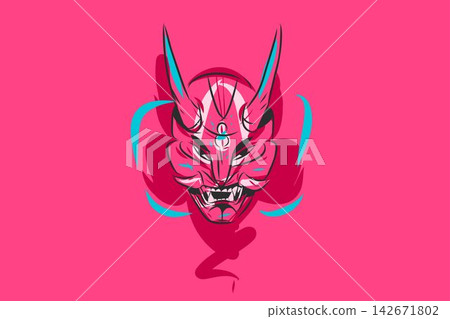 Neon Japanese Oni Demon Mask With Horns, Hannya Yokai Monster, Pink Cyberpunk Tattoo, Dark Asian Folklore and Streetwear Vector Illustration Neon Japanese Oni Demon Mask With Horns, Hannya Yokai Monster, Pink Cyberpunk Tattoo, Dark Asian Folklore and Streetwear Vector Illustration 142671802