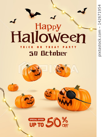 Halloween promotional poster with pumpkins and bats 142671954