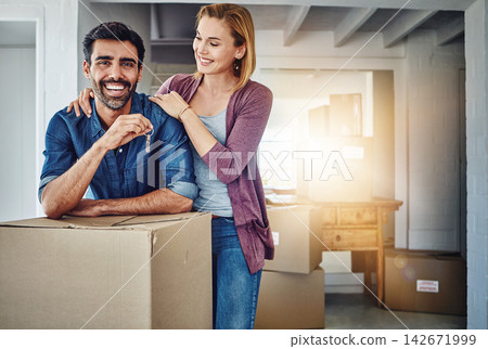 Couple, moving and house with key or boxes, property and investment with people and support or mortgage. Opportunity, new home and residential buyer, ownership together and achievement or relocation Couple, moving and house with key or boxes, property and investment with people and support or mortgage. Opportunity, new home and residential buyer, ownership together and achievement or relocation 142671999