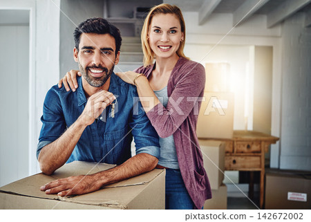 Couple, relocate and house with keys portrait, property and investment with trust and support or mortgage. Opportunity, new home and residential buyer, ownership together and achievement or moving 142672002