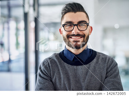 Glasses, startup and portrait of business man with company pride, confidence and smile. Creative agency, professional worker and happy person for AI engineer, IT work and job opportunity in office Glasses, startup and portrait of business man with company pride, confidence and smile. Creative agency, professional worker and happy person for AI engineer, IT work and job opportunity in office 142672005