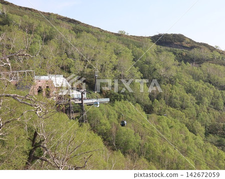 A gondola ascends a slope lush with fresh greenery; a mountain cable car. A gondola ascends a slope lush with fresh greenery; a mountain cable car. 142672059