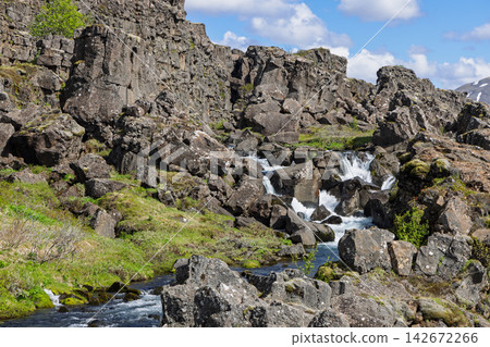 Cascade on Oxara River in Thingvellir National Park among Almannagja rocks Cascade on Oxara River in Thingvellir National Park among Almannagja rocks 142672266