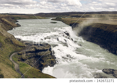 Gullfoss waterfall and the Hvita River in South Iceland, dynamic path and rock travel detail Gullfoss waterfall and the Hvita River in South Iceland, dynamic path and rock travel detail 142672271