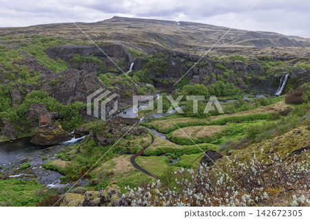 Gjain in Thjorsardalur, Iceland, with several waterfalls and branching streams Gjain in Thjorsardalur, Iceland, with several waterfalls and branching streams 142672305