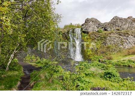 Gjarfoss waterfall framed by birch trees in Gjain within Thjorsardalur, Iceland Gjarfoss waterfall framed by birch trees in Gjain within Thjorsardalur, Iceland 142672317