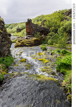 Mossy cascade and volcanic rock formation in Gjain within Thjorsardalur, Iceland Mossy cascade and volcanic rock formation in Gjain within Thjorsardalur, Iceland 142672323