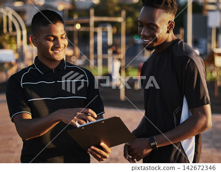 Park, personal trainer and clipboard for fitness, sign up and people in outdoors. Document, exercise routine or athlete for health and morning with coach, planning or schedule for training session 142672346