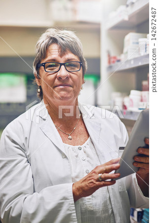 Mature, pharmacist and portrait of woman with tablet for inventory of drugs, pills or medicine. Pharmacy, shop and working with app or tech for sale of medical product with healthcare supplements Mature, pharmacist and portrait of woman with tablet for inventory of drugs, pills or medicine. Pharmacy, shop and working with app or tech for sale of medical product with healthcare supplements 142672487