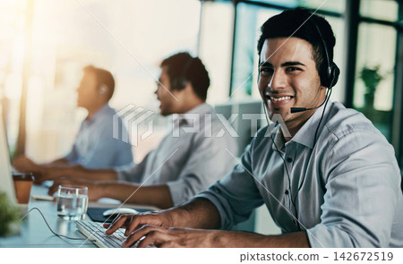 Portrait, business people and man with customer service, call center and telemarketing in modern office. Face, consultant and insurance agent with headphones, help desk and tech support with advice Portrait, business people and man with customer service, call center and telemarketing in modern office. Face, consultant and insurance agent with headphones, help desk and tech support with advice 142672519
