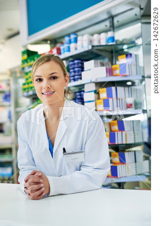 Woman, portrait and pharmacist for medicine purchase or healthcare advice, sales or insurance. Female person, face and antibiotic purchase or questions for patient care, consulting or prescription Woman, portrait and pharmacist for medicine purchase or healthcare advice, sales or insurance. Female person, face and antibiotic purchase or questions for patient care, consulting or prescription 142672629