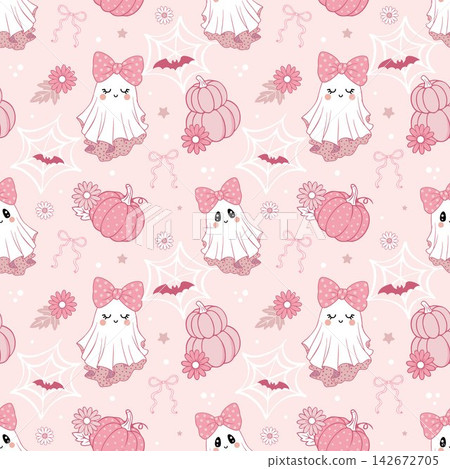 Pink ghost seamless pattern for Halloween. Pink ghost seamless pattern for Halloween. 142672705