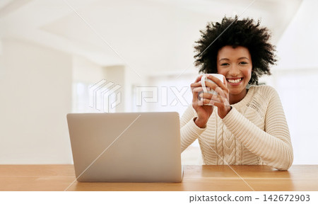 Home, portrait and black woman with coffee, laptop and relax with smile. remote work and freelancer. Face, African person and employee with computer, morning tea and internet for copywriting or latte Home, portrait and black woman with coffee, laptop and relax with smile. remote work and freelancer. Face, African person and employee with computer, morning tea and internet for copywriting or latte 142672903