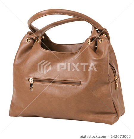 Brown leather women hobo handbag with zipped pockets isolated on white background Brown leather women hobo handbag with zipped pockets isolated on white background 142673003