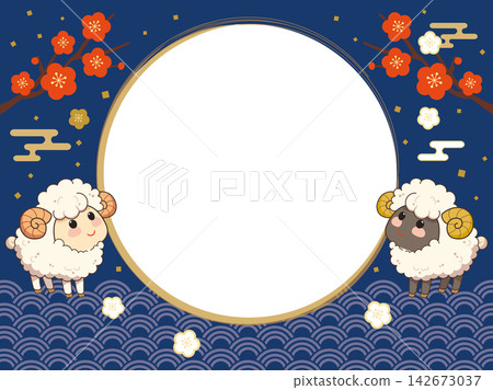 可愛的綿羊與梅花圓形相框 142673037