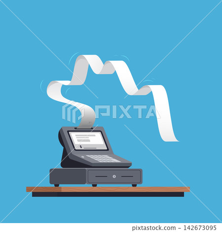 Cash register with long receipt on blue background vector illustration Cash register with long receipt on blue background vector illustration 142673095