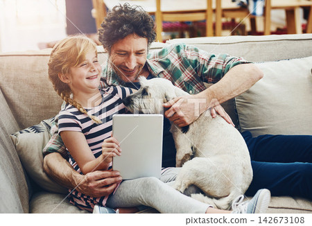 Happy, tablet and father with child and dog in home for watching movies, cartoons and online entertainment. Family, love and dad with girl on digital tech for internet, videos and relax on weekend Happy, tablet and father with child and dog in home for watching movies, cartoons and online entertainment. Family, love and dad with girl on digital tech for internet, videos and relax on weekend 142673108