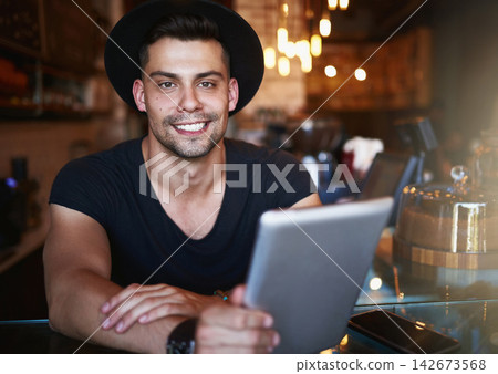 Online, coffee shop and portrait of man with tablet for small business, stock inventory and store website. Restaurant, hospitality and waiter by counter on digital tech for orders, help and inventory 142673568