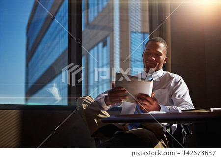 Black man, tablet and planning at desk, search and accountant for stock market website. Person, startup and entrepreneur for networking or check email, communication and app for business contact Black man, tablet and planning at desk, search and accountant for stock market website. Person, startup and entrepreneur for networking or check email, communication and app for business contact 142673637