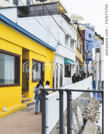 Huinnyeoul Culture village, Busan city, South Korea, Yeongseon-dong, Yeongdo District, Busan, view of streets and multicoloured houses of seaside town, Huinnyeoul-gil, Republic of Korea travel Huinnyeoul Culture village, Busan city, South Korea, Yeongseon-dong, Yeongdo District, Busan, view of streets and multicoloured houses of seaside town, Huinnyeoul-gil, Republic of Korea travel 142673700