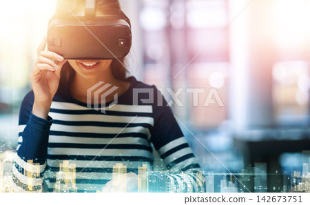 Happy woman, VR and smile in double exposure of city buildings for testing or metaverse at the office. Female person smiling in virtual reality, building or architecture with technology at workplace Happy woman, VR and smile in double exposure of city buildings for testing or metaverse at the office. Female person smiling in virtual reality, building or architecture with technology at workplace 142673751