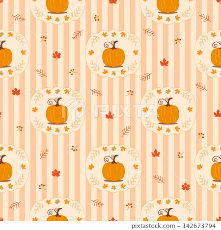 Autumn seamless pattern,Decorated with pumpkins,maple leaves and berries on vertical stripes background Autumn seamless pattern,Decorated with pumpkins,maple leaves and berries on vertical stripes background 142673794