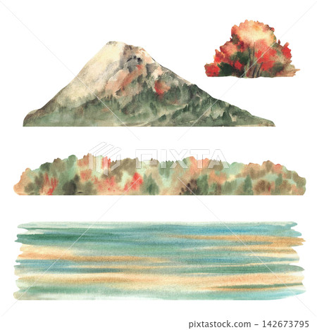Watercolor Autumn landscape elements set. Mountain, mixed forest, fall trees, bush and water, lake shore. Hand painted green, red, orange, golden and blue illustration. Isolated on white background Watercolor Autumn landscape elements set. Mountain, mixed forest, fall trees, bush and water, lake shore. Hand painted green, red, orange, golden and blue illustration. Isolated on white background 142673795