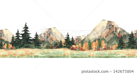 Mountain fall forest watercolor landscape seamless border with autumn coloured trees. Green coniferous and golden red colorful foliage of deciduous woods. Hand drawn pattern. isolated illustration. Mountain fall forest watercolor landscape seamless border with autumn coloured trees. Green coniferous and golden red colorful foliage of deciduous woods. Hand drawn pattern. isolated illustration. 142673804