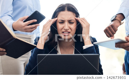 Business, multitask and woman with stress in office for accounting, time management or audit deadline. Accountant, anxiety or frustrated with employee hands for financial review, burnout or brain fog Business, multitask and woman with stress in office for accounting, time management or audit deadline. Accountant, anxiety or frustrated with employee hands for financial review, burnout or brain fog 142673931