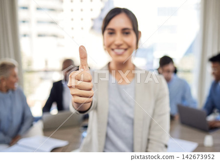Business woman, portrait and thumbs up for winning, good job or team success together at office. Group, happy employee or workers with approval emoji with smile for yes sign or like in agreement Business woman, portrait and thumbs up for winning, good job or team success together at office. Group, happy employee or workers with approval emoji with smile for yes sign or like in agreement 142673952