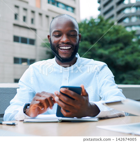 African, businessman and smartphone with smile for communication, texting and digital as entrepreneur. Male person, excited and connected on technology for social media, company or startup on app African, businessman and smartphone with smile for communication, texting and digital as entrepreneur. Male person, excited and connected on technology for social media, company or startup on app 142674005