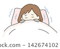 A woman shivering in bed from chills and nightmares. 142674102