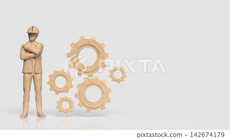 Construction Engineer with Wooden Gears Representing Industrial Teamwork 3d render. Construction Engineer with Wooden Gears Representing Industrial Teamwork 3d render. 142674179