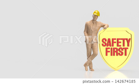 Construction Professional Beside Golden Safety First Shield with Copy Space 3d render. Construction Professional Beside Golden Safety First Shield with Copy Space 3d render. 142674185