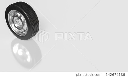 Black Rubber Tire with Shiny Silver Rim on Light Background 3d render. Black Rubber Tire with Shiny Silver Rim on Light Background 3d render. 142674186