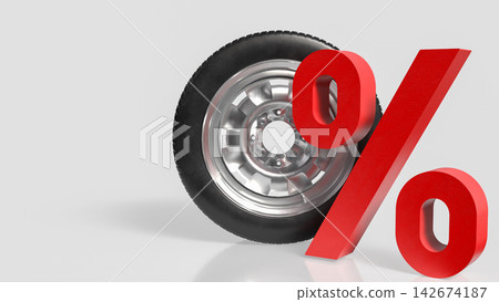Car Tire with Red Percentage Symbol for Automotive Sale Promotions 3d render. Car Tire with Red Percentage Symbol for Automotive Sale Promotions 3d render. 142674187