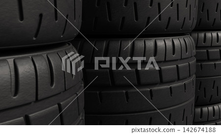 Stacked Black Car Tires with Detailed Tread Patterns 3d render. Stacked Black Car Tires with Detailed Tread Patterns 3d render. 142674188