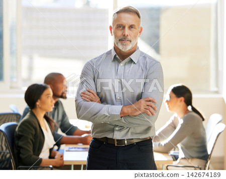 Business, mature man and confident in office on portrait for career or job growth and opportunity as project manager. Ceo, boss and smile or proud with teamwork and collaboration in boardroom Business, mature man and confident in office on portrait for career or job growth and opportunity as project manager. Ceo, boss and smile or proud with teamwork and collaboration in boardroom 142674189