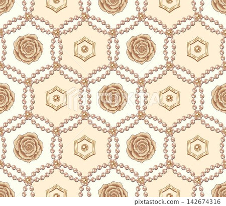 Jewelry seamless pattern with beige pearls, roses Jewelry seamless pattern with beige pearls, roses 142674316