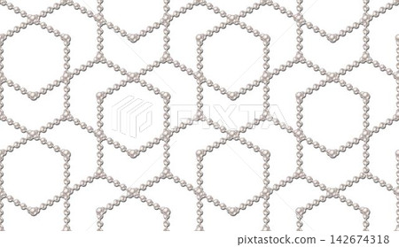 Seamless beaded pattern with strings of white pearls arranged in geometric grid with intertwined hexagons. Transparent background. Wedding luxury design element. Seamless beaded pattern with strings of white pearls arranged in geometric grid with intertwined hexagons. Transparent background. Wedding luxury design element. 142674318
