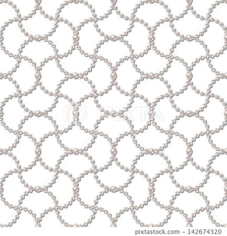 Luxury jewelry seamless pattern with intertwined strings of white pearls. Damask wavy geometric grid Transparent background. Detailed illustration in vintage style. Luxury jewelry seamless pattern with intertwined strings of white pearls. Damask wavy geometric grid Transparent background. Detailed illustration in vintage style. 142674320