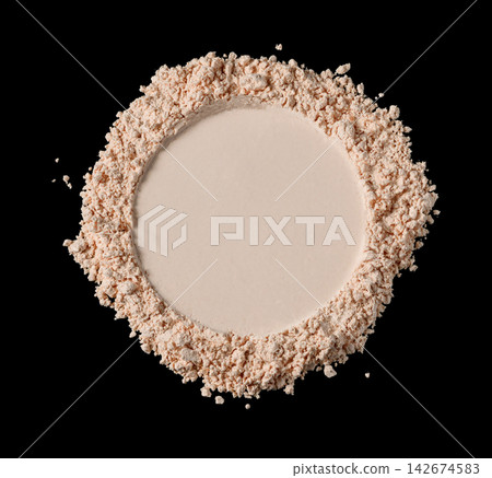 Makeup foundation face powder round swatch on textured powder background and black backdrop Makeup foundation face powder round swatch on textured powder background and black backdrop 142674583
