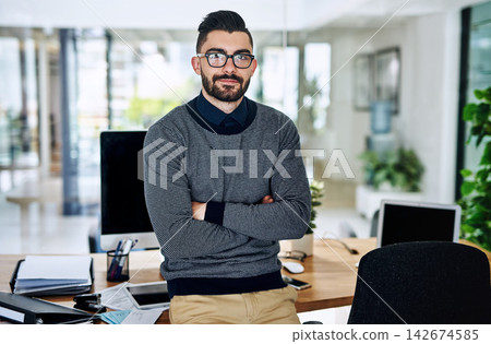 Office, crossed arms and portrait of business man at desk with company pride, confidence and opportunity. Creative startup, professional agency and person for career, work and job in modern workplace 142674585